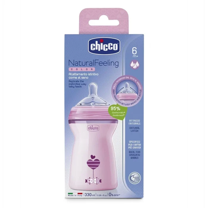 شیشه شیر نچرال 330 میل 6+ ماه دخترانه چیکو Chicco